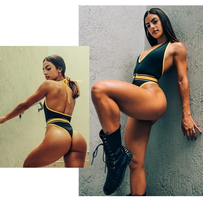 MEGE Sexy Black Bikini Backless Tied Bow Monokini Maillot De Bain Femme Thong Swimwear V neck Bathing Suit Yellow Belt Bikinis | Спорт и