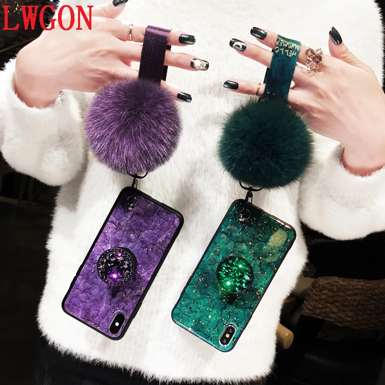 Luxury Diamond Gold foil Marble Glitter silicon case for iPhone 6 6S 7 8 Plus X XR XS Max With stand and Fox hair ball lanyard |