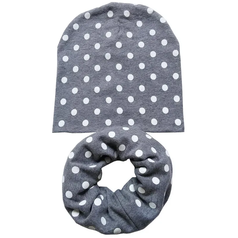 dots dark grey Новая весенняя хлопковая детская шапка, цветочный принт со звездой, набор из шапки и шарфа для девочек и мальчиков, детская вязаная шапка для малышей, шапки на осень и зиму, детская шапка - Цвет: dots dark grey