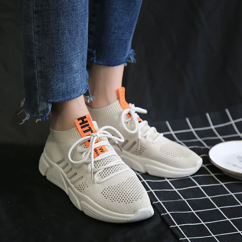 

Women Sneakers knitting Shoes 2020 spring Flat Platform Ladies shoes Breathable Lightweight Thick bottom shoes