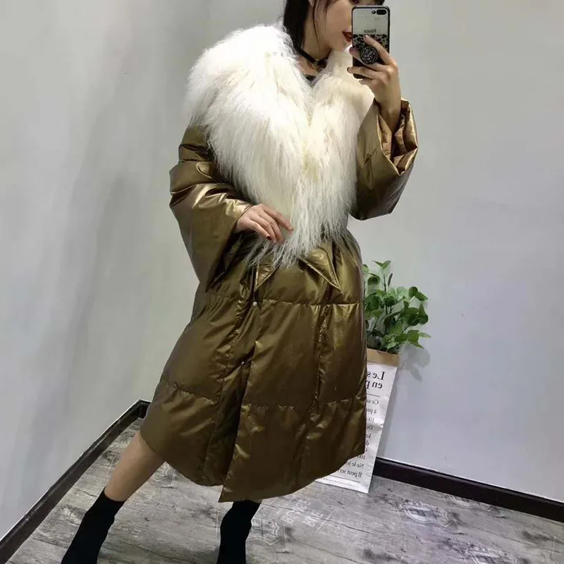 Длинная 90% белая женская зимняя куртка на утином пуху, Новая Модная парка, розовые пальто, doudoune femme hiver с большим шерстяным меховым воротником