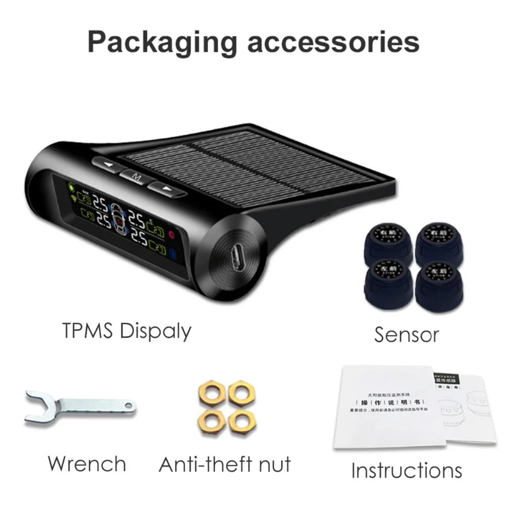 Solar Panel Alarm Car TPMS Tyre Pressure Monitor Monitoring Power charging Digital LCD Display Auto Security Systems | Автомобили и