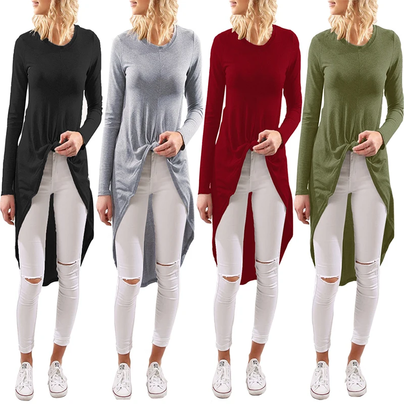 Повседневные Рубашки Топы черные с длинным рукавом модные О образным вырезом