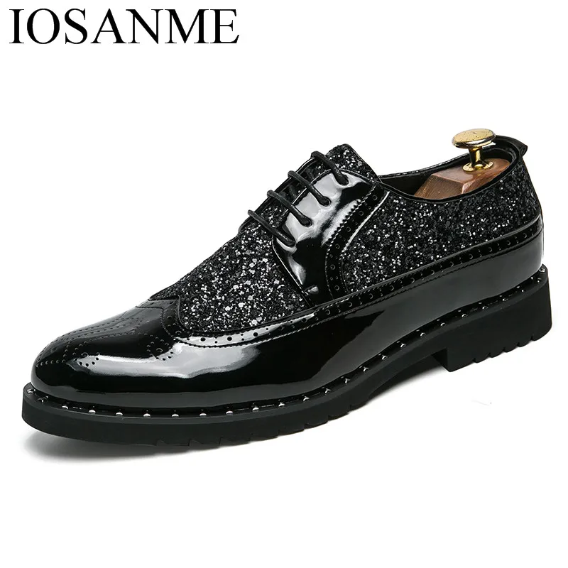 Модные мужские туфли роскошные брендовые стразы итальянские лакированные