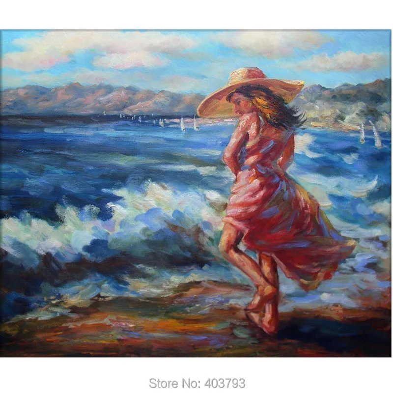 Высокое Качество ручная роспись маслом на холсте Девушка играет пляже 20x24 дюйма