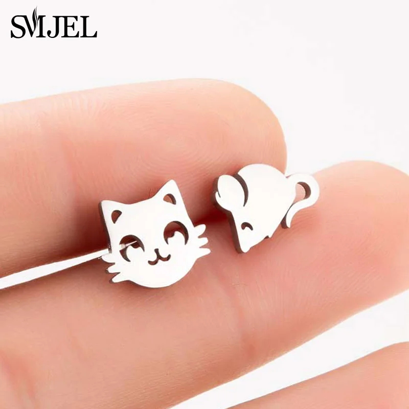 mouse cat SMJEL крошечные серьги-гвоздики из нержавеющей стали в виде листьев дерева жизни для женщин, модная Цветочная бижутерия, черные серьги - Окраска металла: mouse cat
