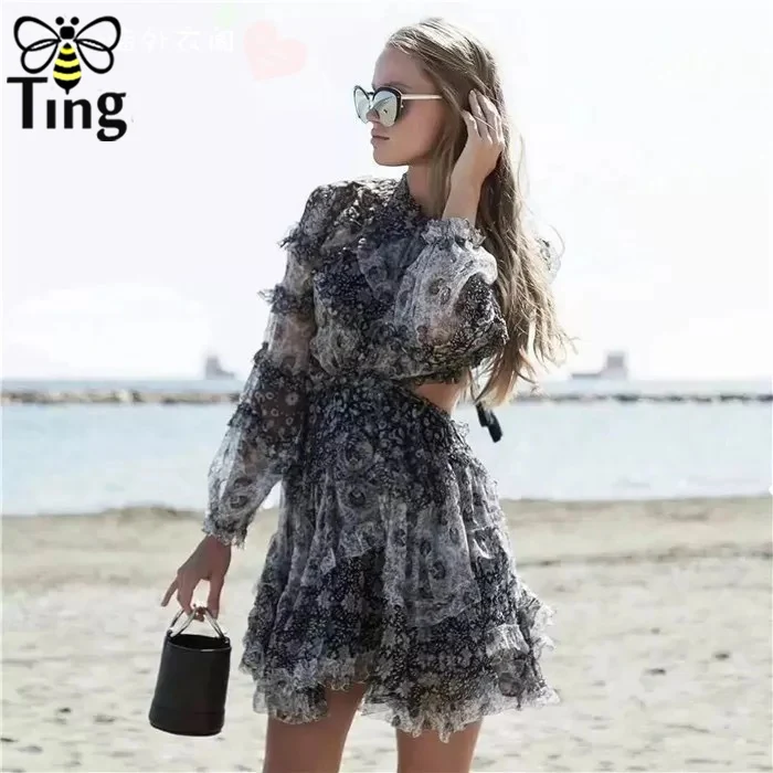 Tingfly, модное дизайнерское подиумное мини-платье, женское шифоновое мини-платье с открытой спиной и оборками с цветочным принтом, сексуальное вечернее платье с открытой спиной