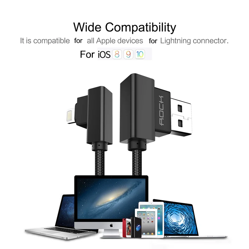 Usb-кабель ROCK 90 градусов для iPhone 5 6 s 7 8 X кабель быстрой зарядки iPad зарядный USB L тип