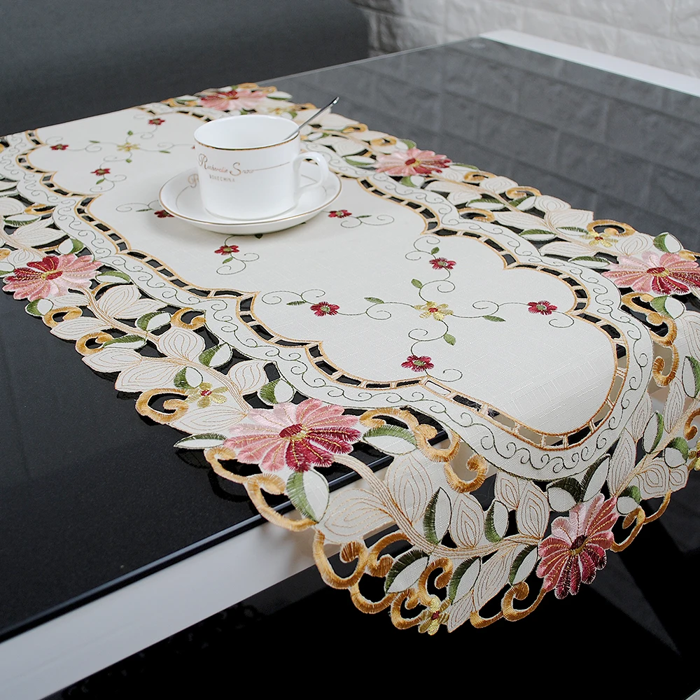 RAYUAN Handmade Embroidered Daisy Flower Cutwork Oval Tablecloth Wedding Party Decor Table Cover Cloth 40x85CM | Дом и сад