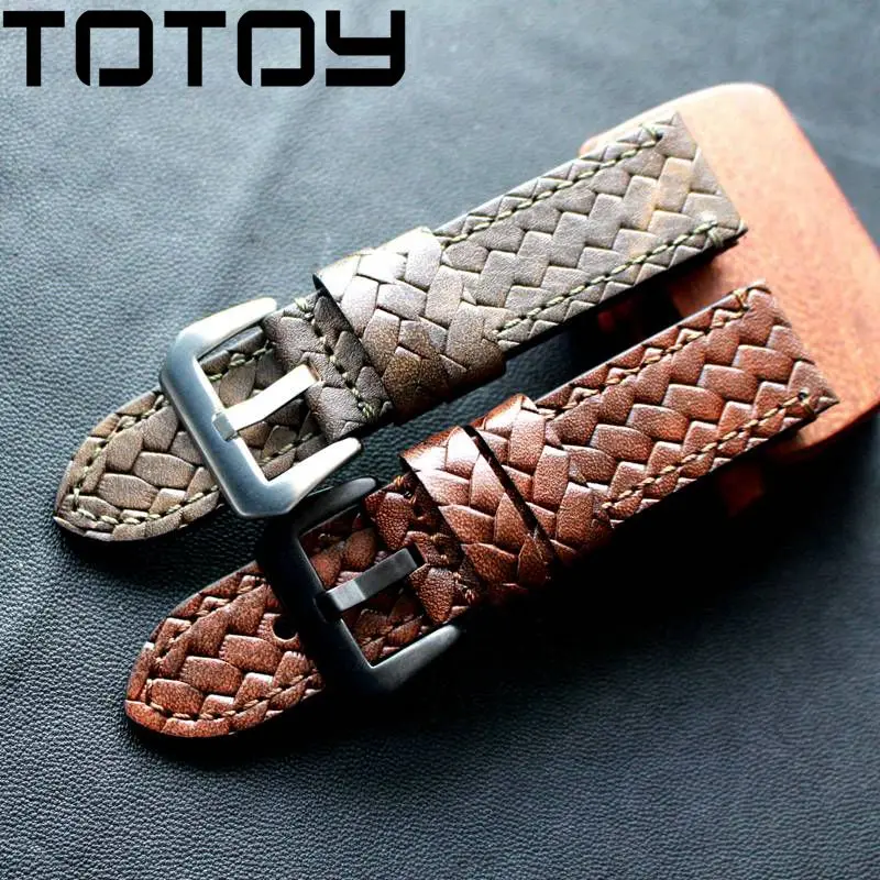 TOTOY кожаный ремешок для наручных часов ручной вязки, 20 мм 22 мм 24 мм мягкий Ретро мужской ремешок для часов, для PAM111 военный коричневый красный ремешок для часов