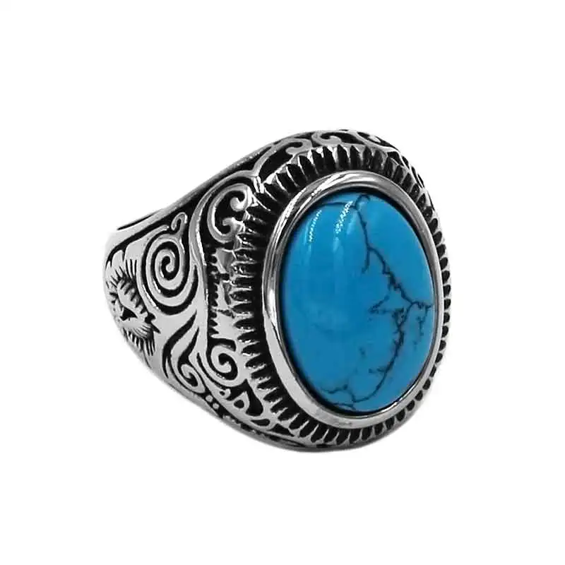 

Fashion Blue Stone Rings Stainless Steel Jewelry Charm Indian Style Flower Biker Men Women Ring Wholesale SWR0910