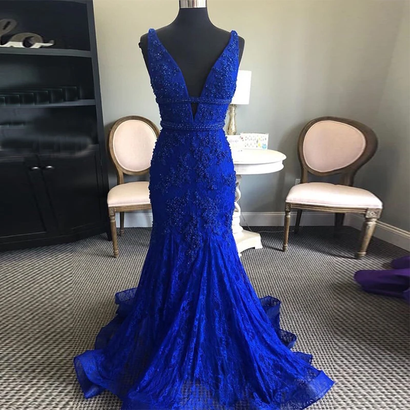 

Long Royal Blue Evening Dress Mermaid Lace Beading Vestido De Noche Sweep Train Formal Evening Party Gowns Backless Prom Dress