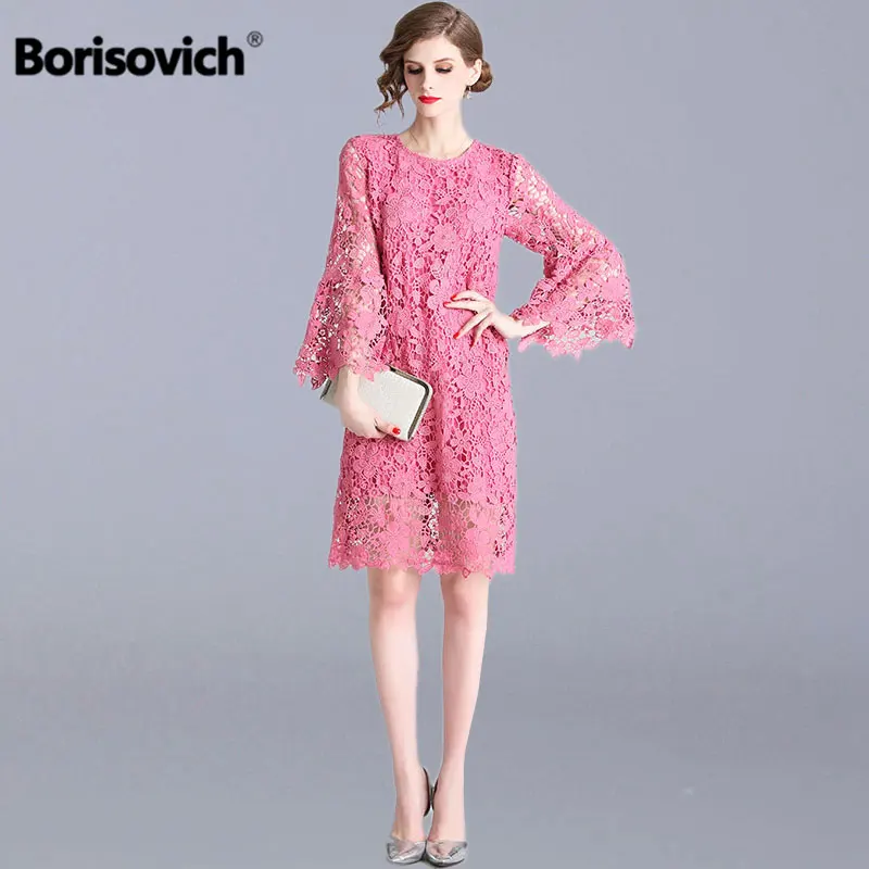 Borisovich, женские платья для вечеринок, новинка, Весенняя мода, рукав-клеш, длина до колена, ажурное, кружевное, роскошное, женское, повседневное платье, N775