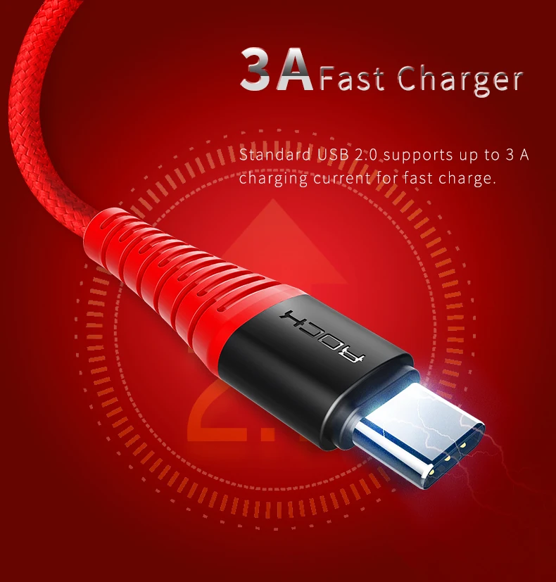ROCK 3A usb type-C кабель высокопрочный usb type-c кабель для быстрой зарядки и синхронизации данных для Galaxy S8 plus Note 8 Oneplus 2 Xiaomi