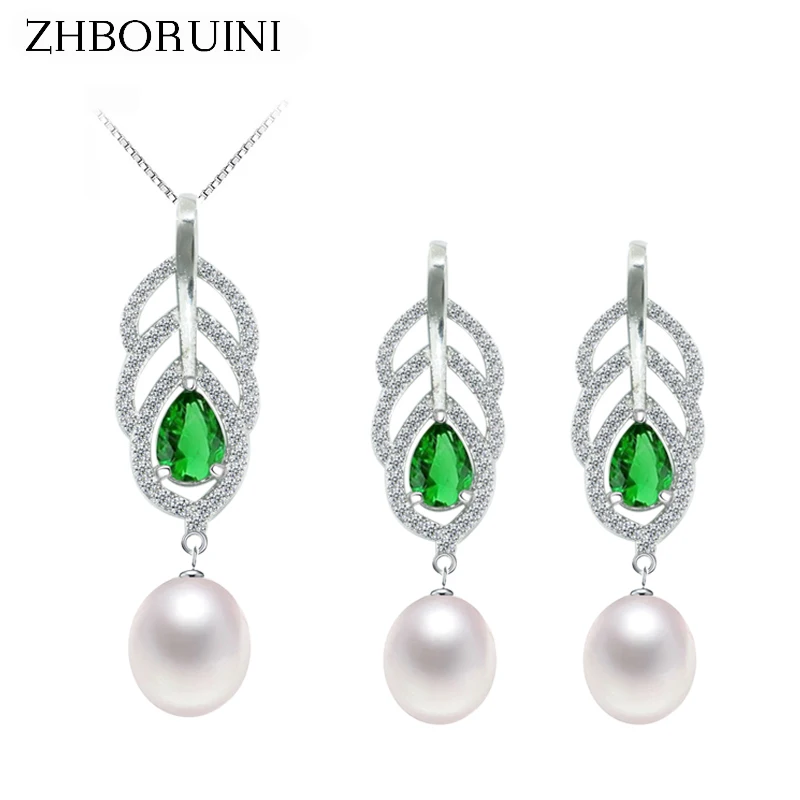 ZHBORUINI 2019 Pearl Jewelry sets Natural Freshwater Pearl 925 Sterling Silver Green Zircon Feather Earrings Necklace For Women