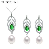 zhboruini 2019 pearl jewelry sets natural freshwater pearl 925 sterling silver green zircon feather earrings necklace for women