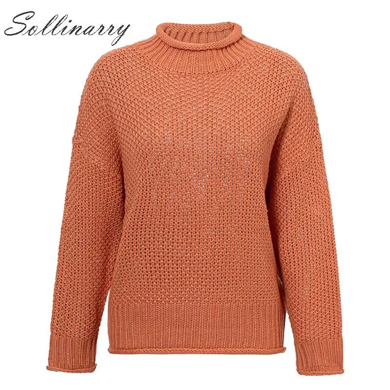 Sollinarry Long Sleeve Autumn Winter Pullovers Girl 2019 Solid Orange Knitted Casual Tops Sweater Women Loose Jumpers | Женская одежда