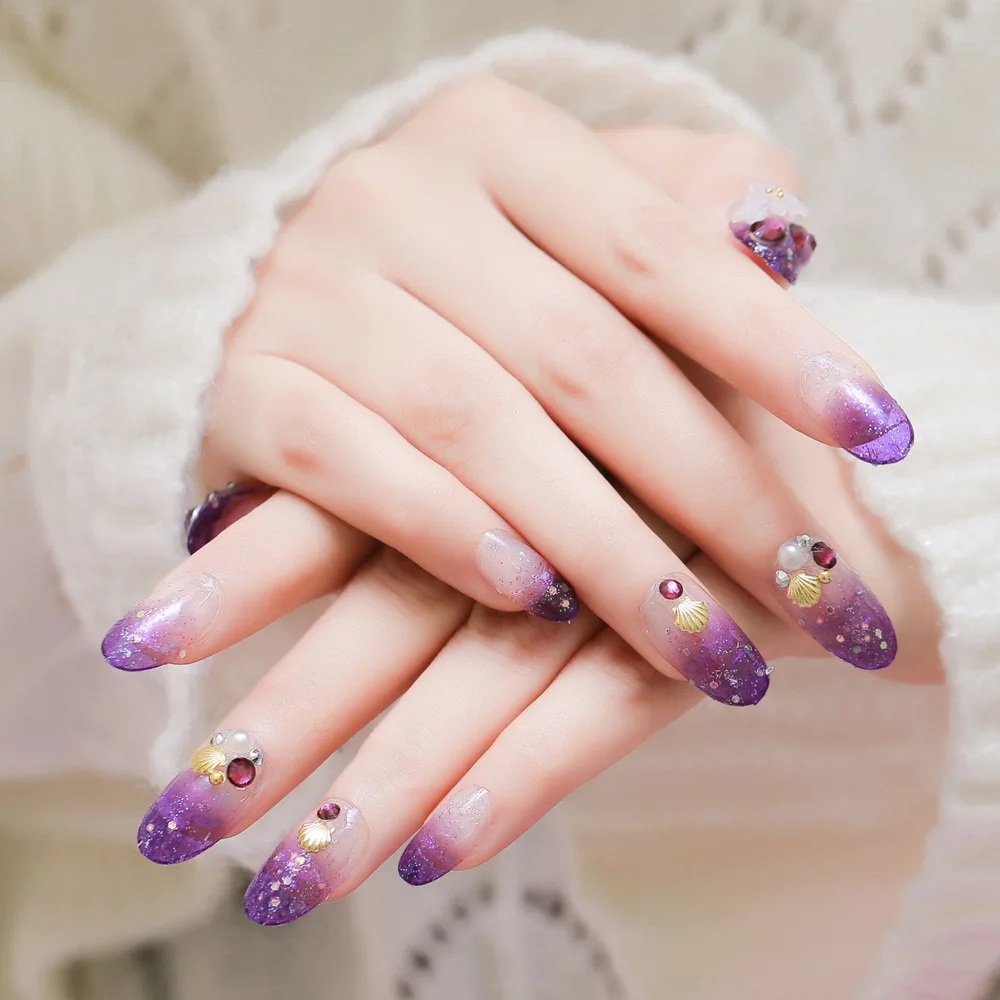 Накладные ногти AddFavor 24 шт. длинные полного покрытия дизайн звездного фиолетового