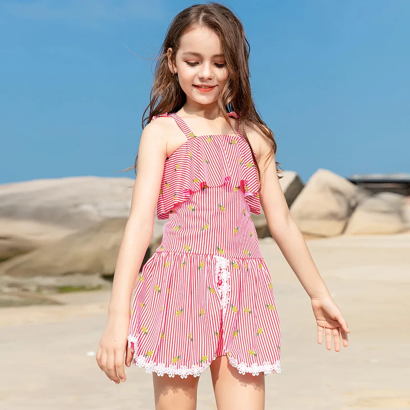 Детский купальник в синюю и розовую полоску для девочек Цельный с принтом