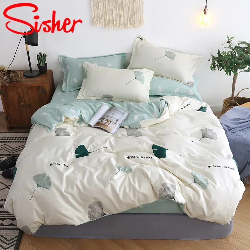 Светло-зеленый Sisher Pastoral Green Leaf Print Duvet Cover Set Cotton Polyester Adult Comforter Bedding Sets Size Single Double Queen King - Цвет: Светло-зеленый