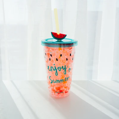 450ml With straw INS стиль Арбуз ледяная чашка летняя разбитая ледяная чашка креативная двухслойная охлаждаемая пластиковая чашка с соломенной чашкой для взрослых N299 - Цвет: 450ml With straw