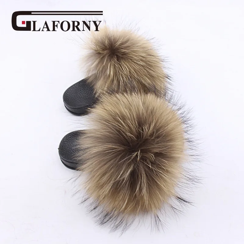 raccoon fur Glaforny дети натуральным лисьим мехом для девочки Тапочки сезон: весна–лето натуральным мехом; шлепанцы без задника с открытыми пальцами детский Крытый Батутный на открытом воздухе модная обувь класса люкс с рисунком лисы - Цвет: raccoon fur