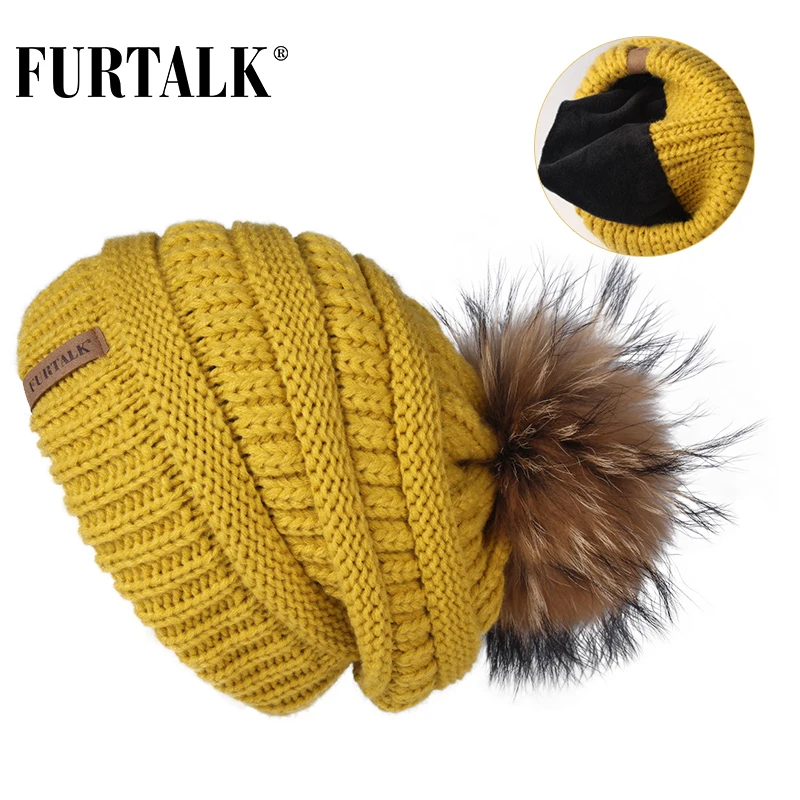 Зимняя шляпка с помпоном FURTALK Женская вязаная шапка бархатными дамами