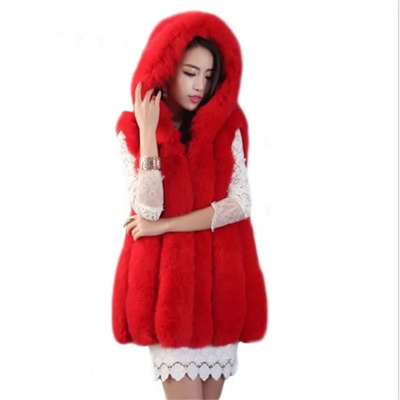 Новинка 2017 зимний женский серый жилет с капюшоном из искусственного лисьего меха