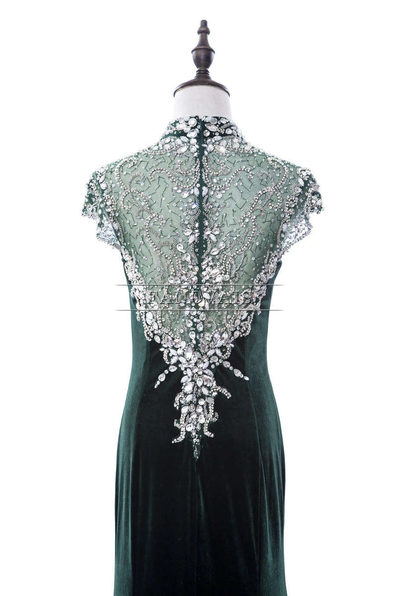 Настоящее изображение 2019 бархатное вечернее платье с высоким воротом в Дубае