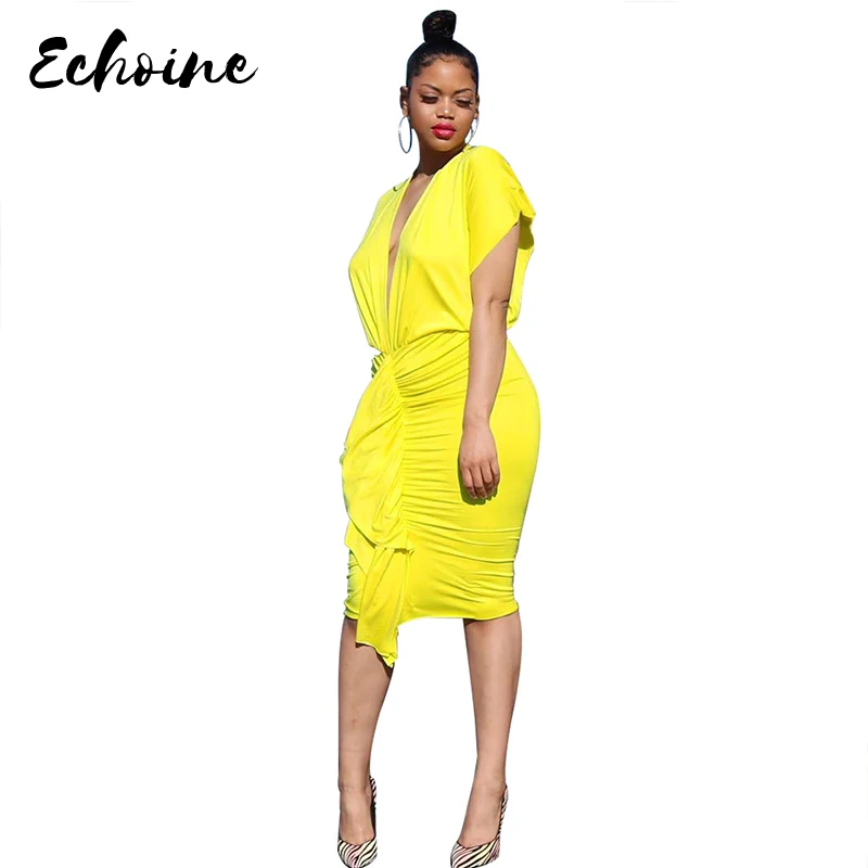 Женское плиссированное платье Echoine летнее облегающее с v-образным вырезом и