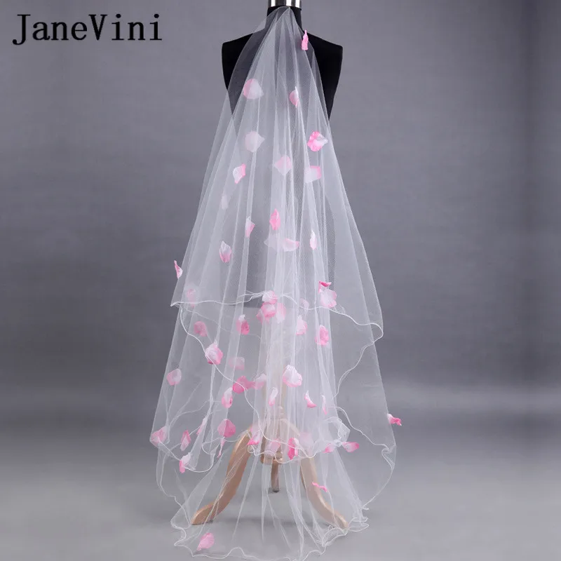 JaneVini 2018 Длинная свадебная фата цвета слоновой кости с розовыми лепестками роз