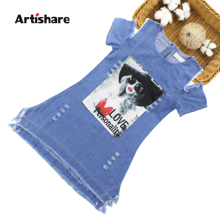 Artishare/летнее платье для девочек, джинсовое платье с рисунком для девочек повседневные Детские платья с открытыми плечами для девочек 6, 8, 10, 12, 14 лет, одежда