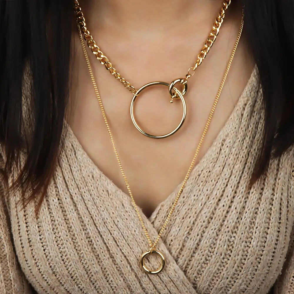 Женское большое круглое ожерелье с подвеской простое Золотистое Ожерелье модные