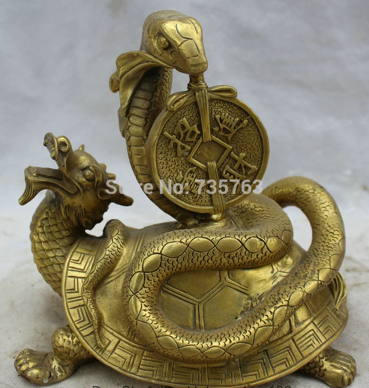 ZSR 001473 8" Chinese Folk Fengshui Brass Wealth Zodiac Snake Dragon Tortoise Turtle Statue | Дом и сад