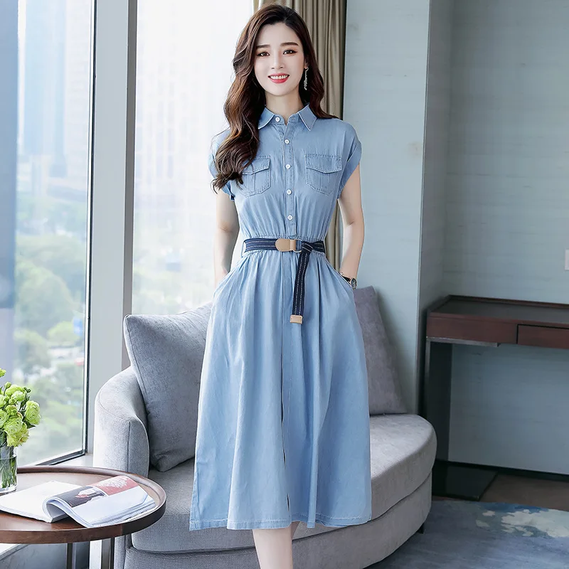 light blue Длинное джинсовое платье с карманами женское джинсовое платье на пуговицах с коротким рукавом Элегантное тонкое платье-рубашка в ковбойском стиле - Цвет: light blue