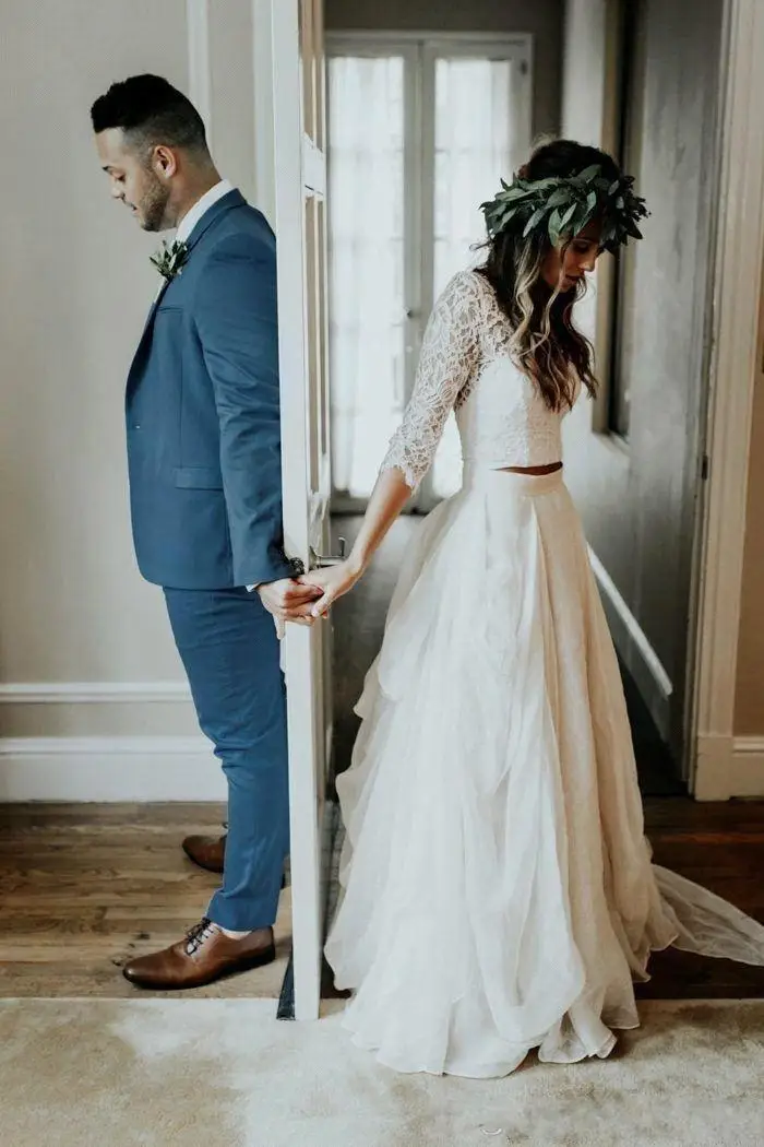 Vestido de noiva/2 предмета, Пляжное богемное кружевное свадебное платье, трапециевидный шифон половинные рукава, богемное сексуальное свадебное платье с v-образным вырезом