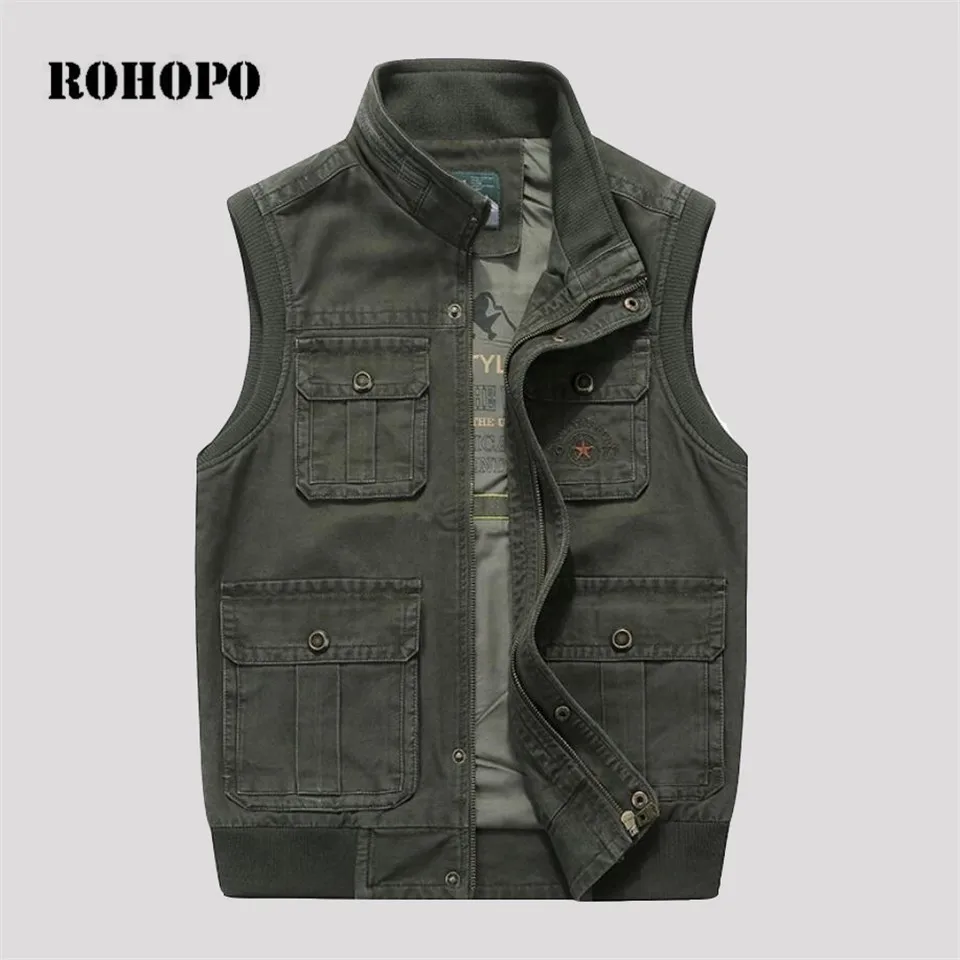 ROHOPO 7XL/8XL уплотненный хлопковый жилет с карманами для мужчин, для мотора и байкера, сафари, Мужская Рабочая хлопковая куртка без рукавов