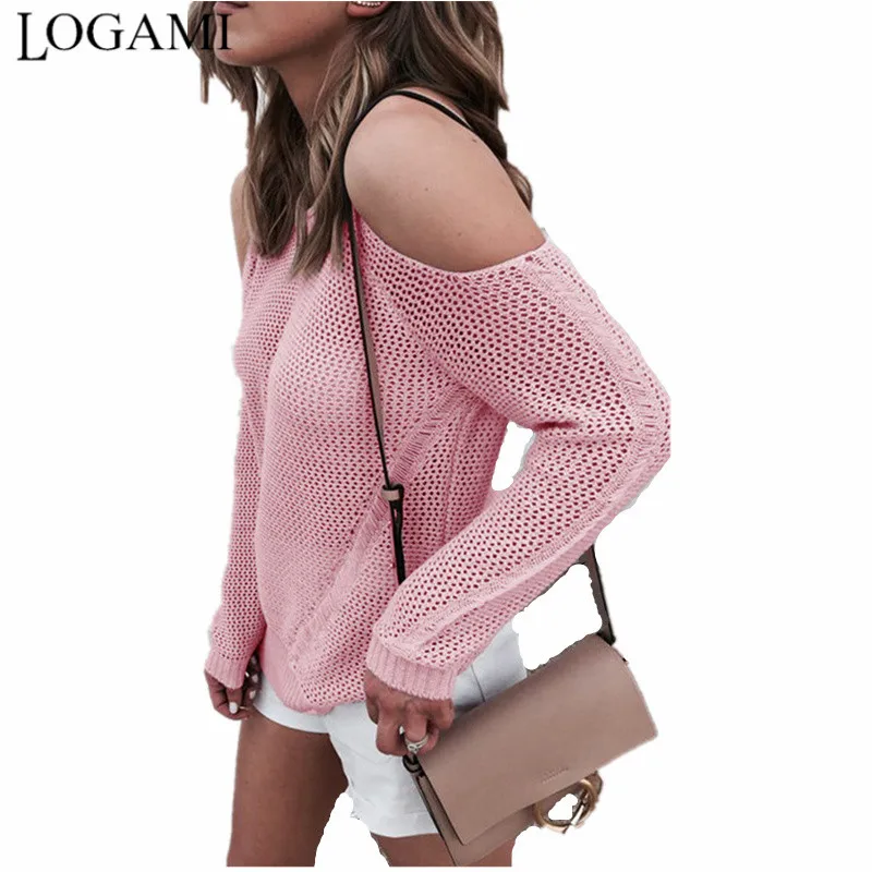 

LOGAMI Off the Shoulder Top for Women Hollow Out Long Sleeve Spring Summer Knitting Tops Woman Mesh Shirts