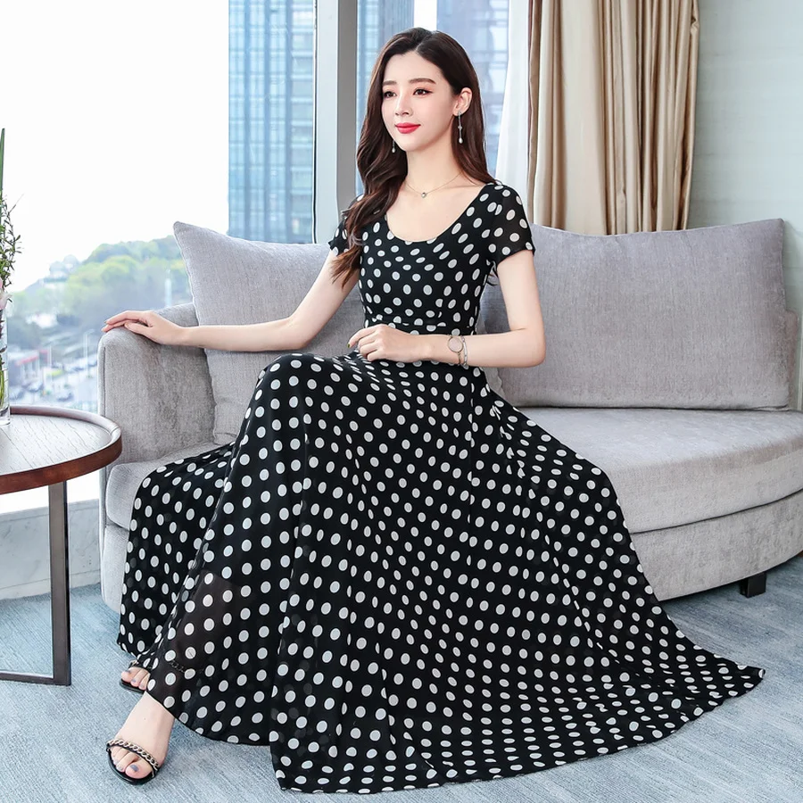 Новинка 2019 винтажное шифоновое платье в горошек бохо макси сарафан размера плюс пляжный отдых миди летние
