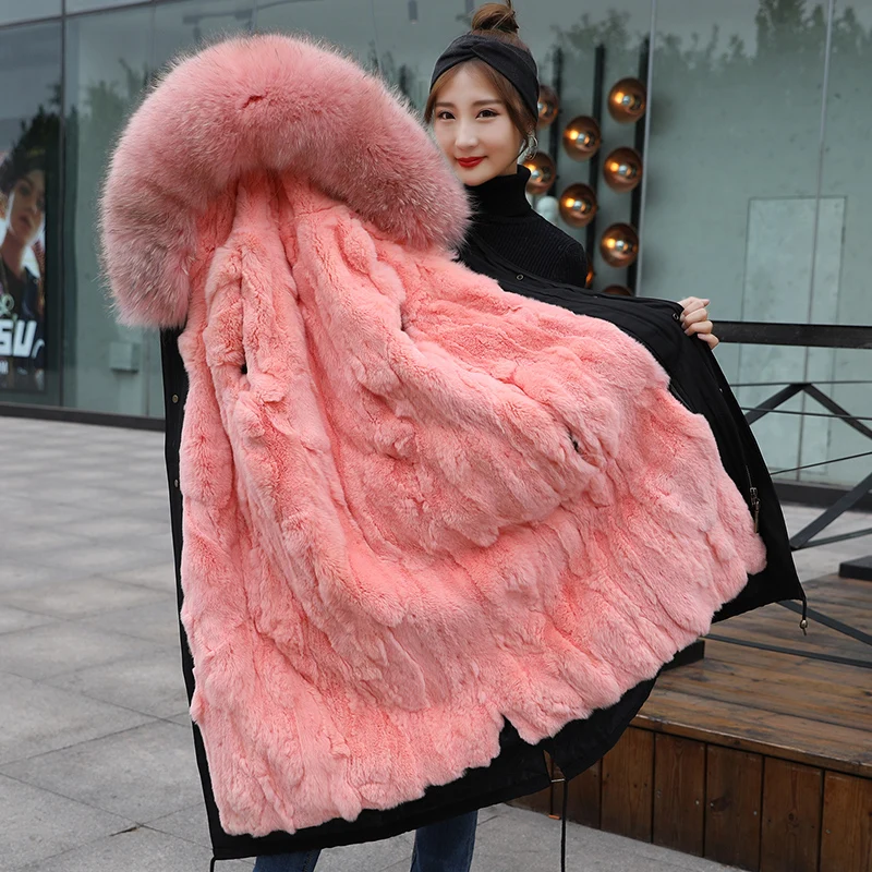 Тренд-сеттер 2018 зима натуральный розовый мех парки для женщин большой енотовый