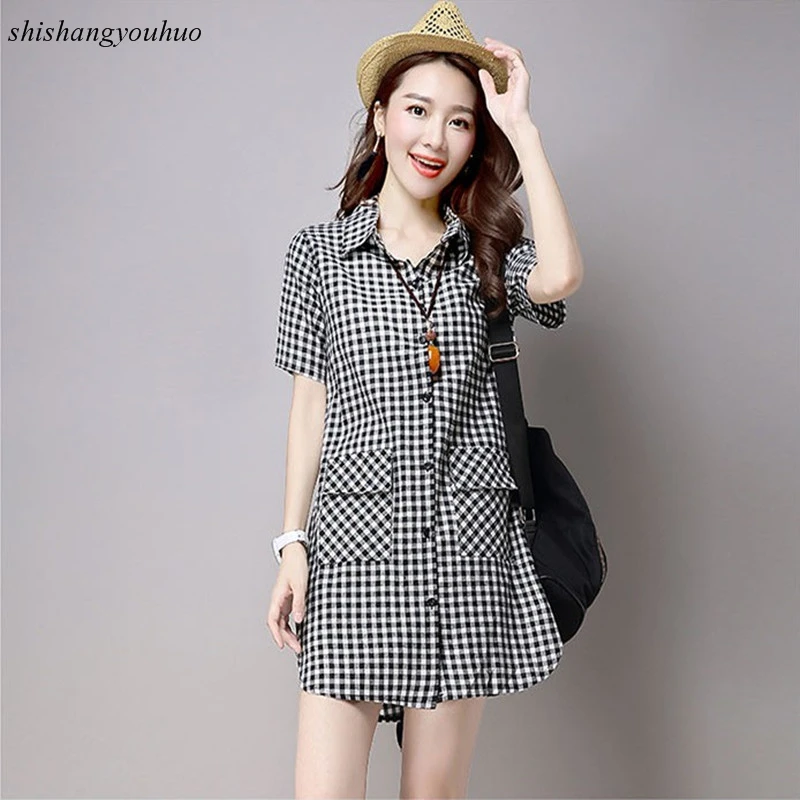 2017 New Summer Autumn Women Long Shirts Loose Large Size Cotton Plaid Shirt Lady Fashion Casual Short Sleeve Wild Simple |