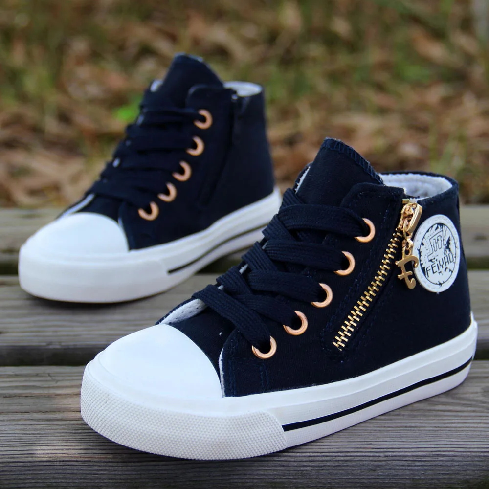 Blue white Парусиновые туфли для мальчиков, однотонные, на молнии, с высоким берцем, детские кроссовки, до щиколотки, универсальные, белые, повседневные туфли, обувь для скейтборда, 24-37 - Цвет: Blue white