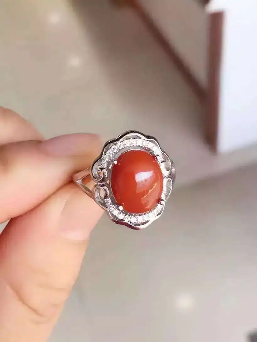 Natural south red agate Ring gemstone S925 sterling silver trendy Elegant Hollow round women party gift Jewelry | Украшения и