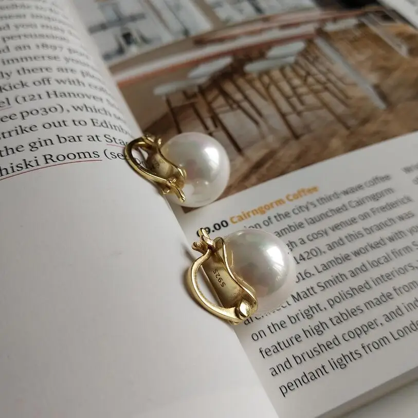gold color Новинка, круглый жемчужные серьги, 925 пробы, серебряные ювелирные изделия, винтажный стиль, натуральный пресноводный жемчуг, серьги-гвоздики для женщин, подарок - Окраска металла: gold color