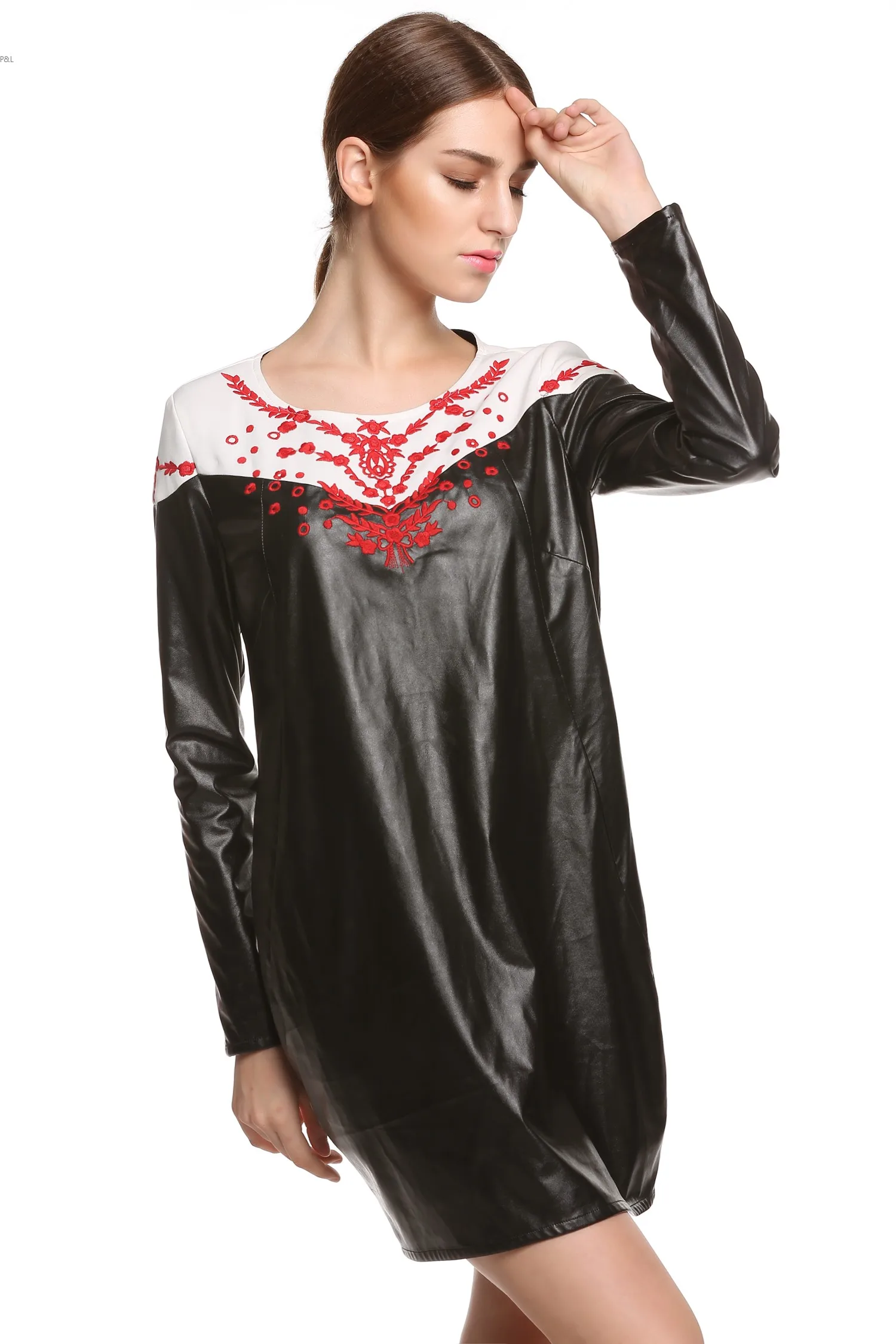 Женская мода Весна Лето Платье С Длинным Рукавом PU Кожаные Платья O Шеи Прямо Мини