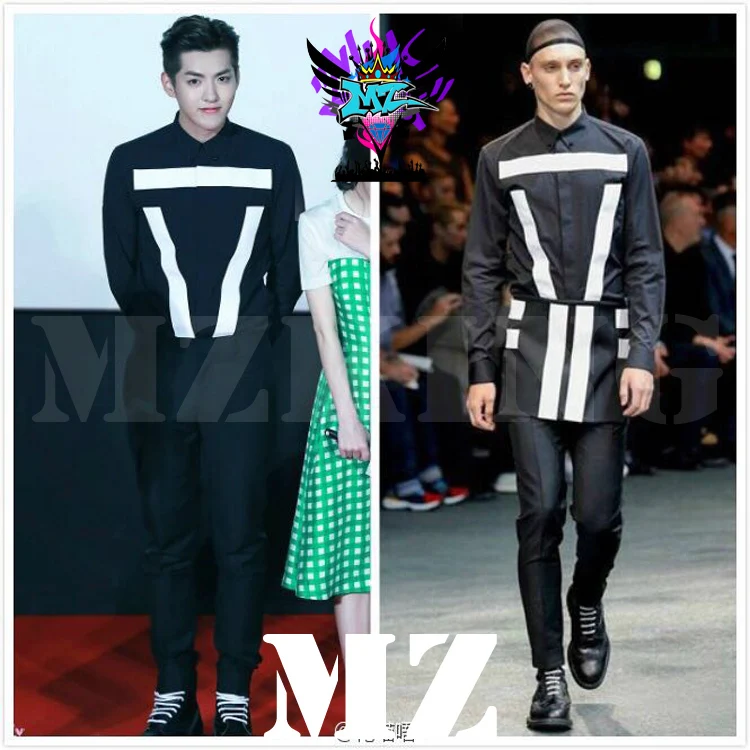 S-4xl 2021 Men Fashion New Singer Dj Club Exobiology Spell Slim Shirt Black And White Apron Mens Trousers Costumes Formal Dress | Мужская