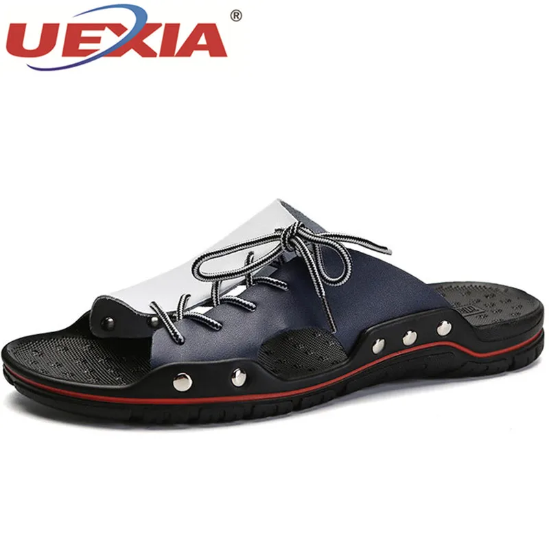UEXIA новые кожаные Для мужчин Тапочки Удобная пляжная обувь Повседневное 2019 Лето