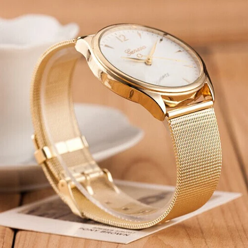 Популярные модные часы Для женщин золотой тон сетки группы Круглый Циферблат