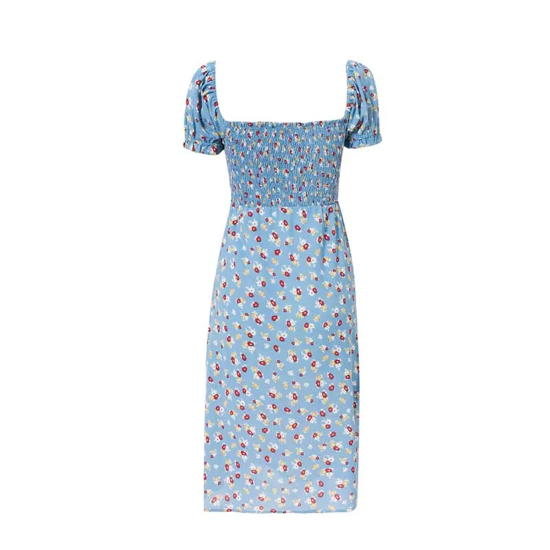 Женское шифоновое платье повседневное синее длинное с короткими рукавами и