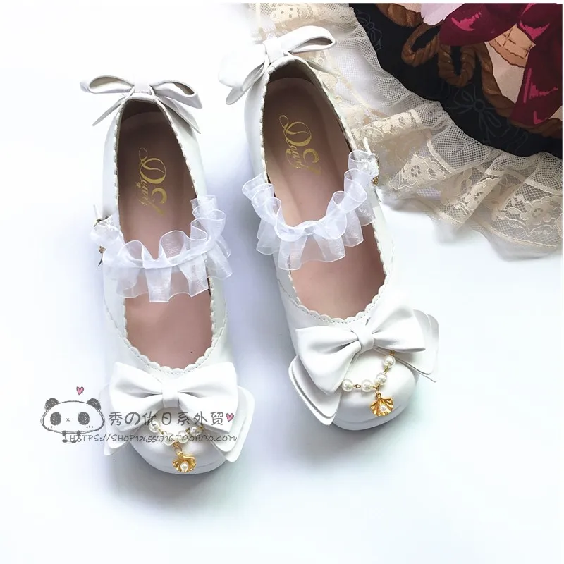 

Kawaii Girl Tea Party Sweet Lolita 3 Colors PU Lovely Loli Shoes Lace Pearl Japanese Middle Heel Cosplay Anime Lolita Shoes